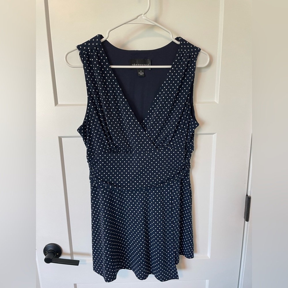 Connected Apparel Navy and White Polka Dot Midi Dress
